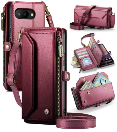 Чехол-книжка CaseMe C36 Card Slots Zipper Wallet RFID Anti-theft Leather для Google Pixel 9a - винно-красный