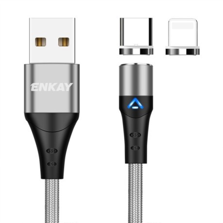 Магнитный Кабель ENKAY 2 in 1 3A USB to 8 Pin + Type-C Magnetic Fast Charging Data Cable, Length:2m - серебристый