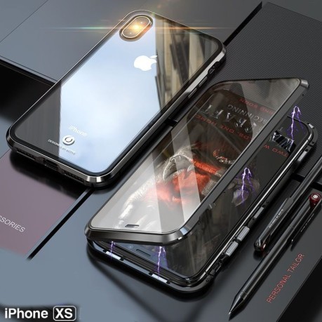 Двусторонний Магнитный Стеклянный Чехол Magnetic Metal Glass Front Back на iPhone X/Xs Черный