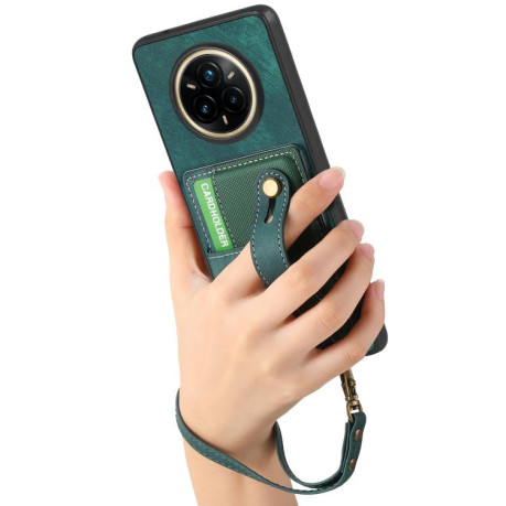 Противоударний чехол Retro Cross Wristband Wallet Leather для Realme 14 Pro+ - зелений