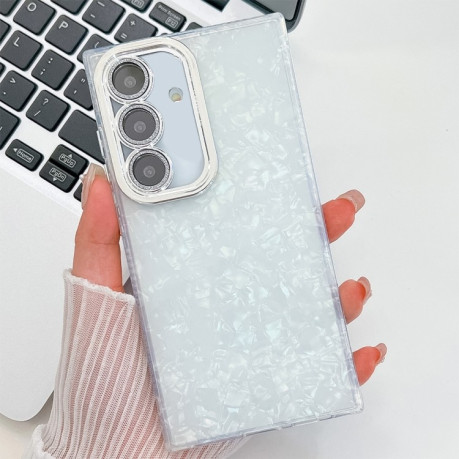 Противоударный чехол Plating Glitter Texture TPU with Lens Film для Samsung Galaxy S25 5G - White Shell Pattern