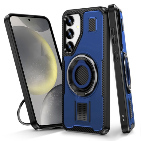 Противоударный чехол Ring Holder Carbon Fiber PC Hybrid TPU для Samsung Galaxy S25+ 5G - синий