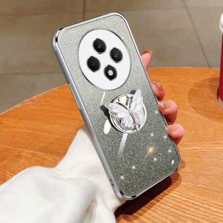 Противоударный чехол Plated Gradient Glitter Butterfly Holder для OPPO Reno12 F/12FS- серебристый