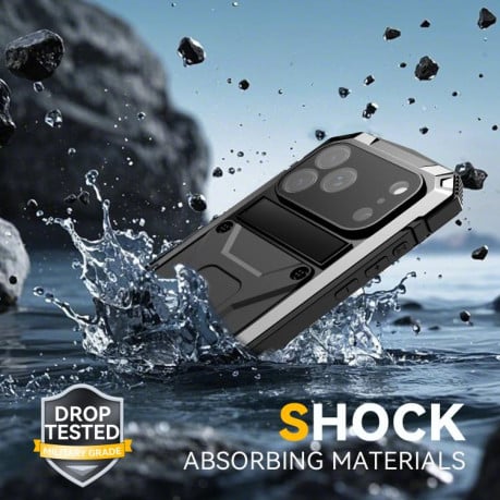 Протиударний чохол R-JUST Metal + Silicone + Tempered Glass Life Waterproof на iPhone 17 Pro - сріблястий
