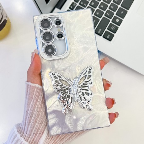 Противоударный чехол Plating Glitter Texture Butterfly Holder TPU для Samsung Galaxy S24 FE 5G -White Feathers