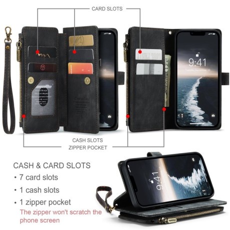 Шкіряний чохол-гаманець CaseMe-C30 для iPhone 15 Plus - чорний