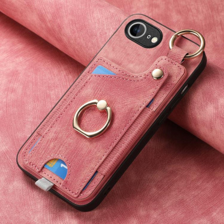 Чехол Retro Skin-feel Ring Card Bag для iPhone 16e - розовый