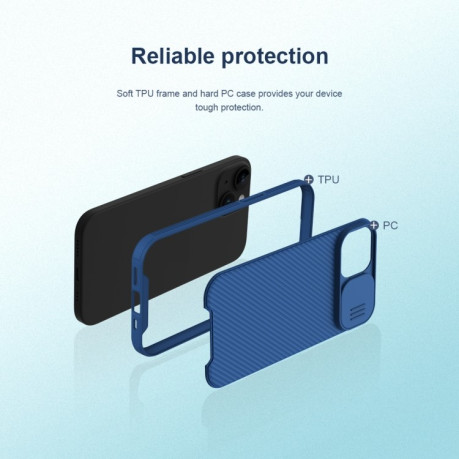 Ударозащитный чехол NILLKIN CamShield Pro на iPhone 15 Plus - синий