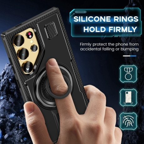 Противоударный чехол Ring Holder Carbon Fiber PC Hybrid TPU для Samsung Galaxy S25 Ultra 5G - черный