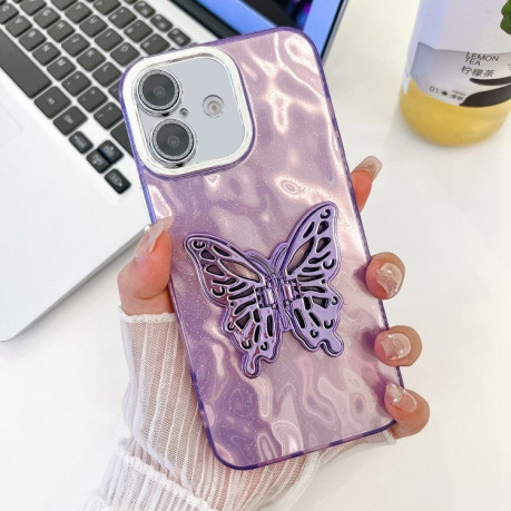 Противоударный чехол Plating Glitter Texture Butterfly для iPhone 16 Plus - Purple Wrinkles