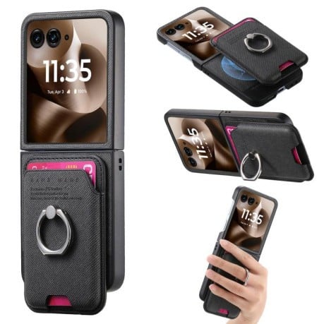 Протиударний чохол Twill Fabric Card Bag Ring Magnetic для Motorola Moto Razr 60 Ultra 5G - чорний