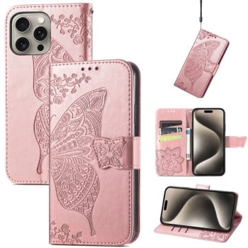 Чехол-книжка Butterfly Love Flower Embossed для iPhone 16 Pro Max - розовое золото