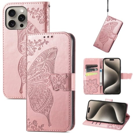 Чохол-книжка Butterfly Love Flower Embossed для iPhone 16 Pro Max - рожеве золото