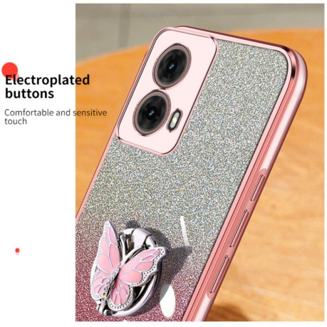 Противоударный чехол Plated Gradient Glitter Butterfly Holder для Motorola Moto G85 - голубой