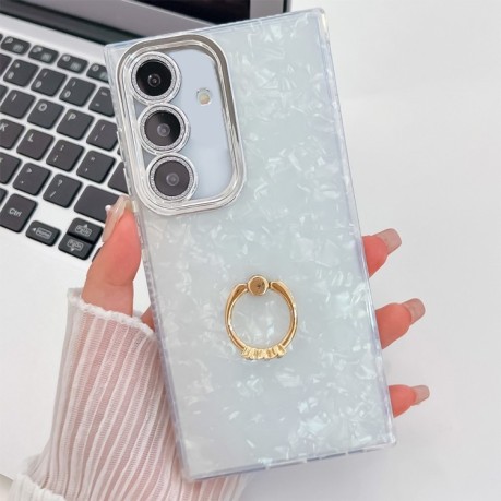 Противоударный чехол Plating Glitter Texture Ring Holder для Samsung Galaxy A36 5G - White Shell Pattern