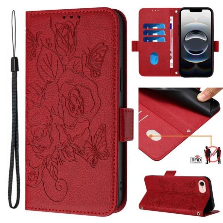 Чехол-книжка Embossed Rose RFID Anti-theft Leather для iPhone 16e - красный
