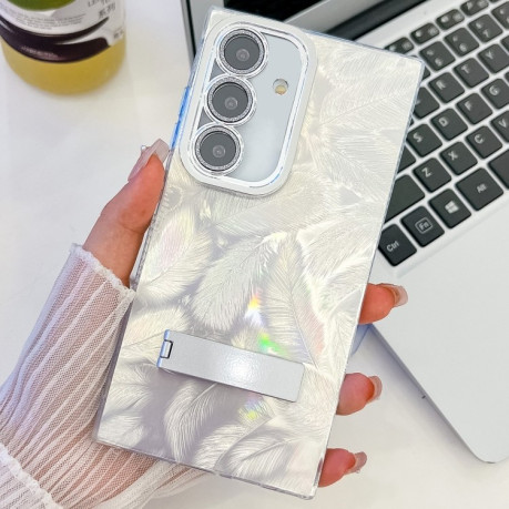 Противоударный чехол Plating Glitter Texture TPU with Lens Film для Samsung Galaxy A36 5G - White Feathers