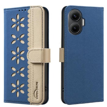 Чехол-книжка Splicing Color Hollow Flower Pattern RFID для Xiaomi Poco F7 5G - синій