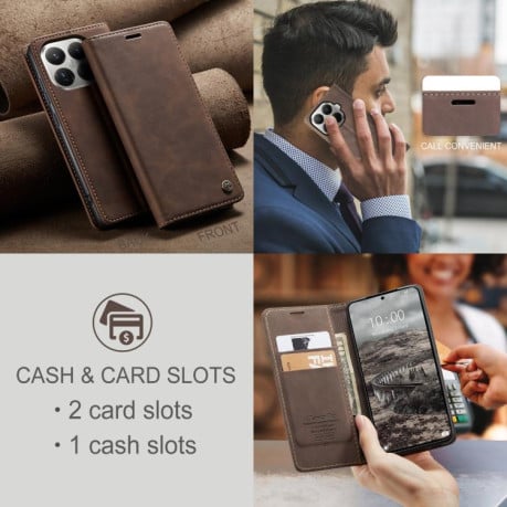 Чехол-книжка CaseMe-013 многофункциональный с кармашком на карт на Xiaomi 15T Pro - кофейный