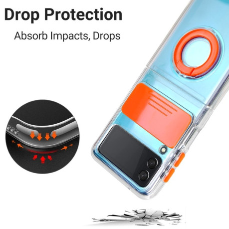 Противоударный чехол Sliding Camera with Ring Holder для Samsung Galaxy Z Flip3 5G - прозрачно- оранжевый