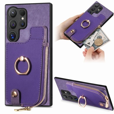 Чехол Cross Leather Ring Vertical Zipper Wallet для Samsung Galaxy S24 Ultra 5G - фиолетовый