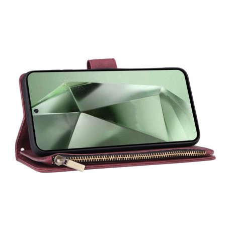 Чехол-книжка Multifunctional Frosted Zipper Wallet с матовой фактурой и ремешком на Samsung Galaxy S25 FE 5G - винно-красный