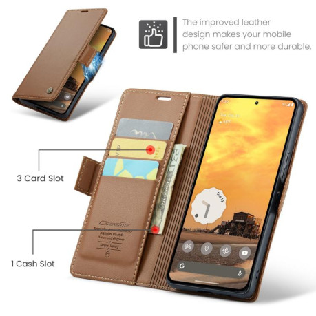 Чехол-книжка CaseMe 023 Butterfly Buckle Litchi Texture RFID Anti-theft Leather для Xiaomi Redmi Note 14 Pro 4G - коричневый