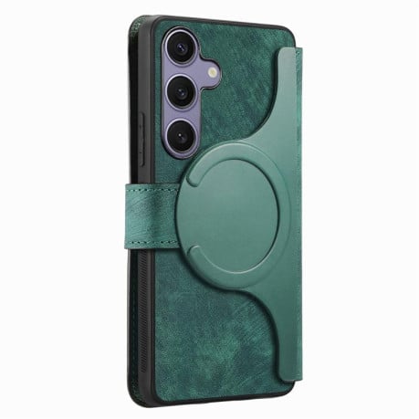 Чехол-книжка CaseNeo MagSafe RFID Anti-theft Retro Leather на Samsung Galaxy S25 FE 5G - зеленый