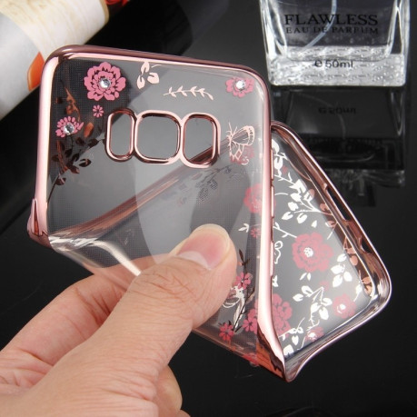 Силиконовый чехол-накладка Flowers Pattern Diamond Encrusted Electroplating на Samsung Galaxy S8/G950- розовое золото