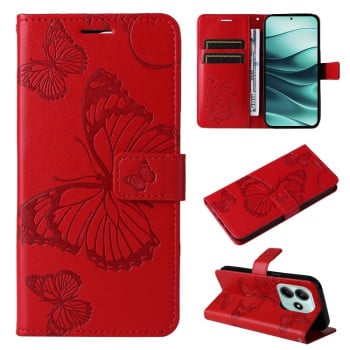 Чохол-книжка з тисненням &quot;метелика&quot; та магнітним хлястиком на Xiaomi Redmi Note 14 5G/Poco M7 Pro 5G - червоний