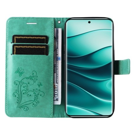 Чехол-книжка Embossed Butterfly для Xiaomi Redmi Note 14 Pro / 14 Pro+ 5G - зеленый