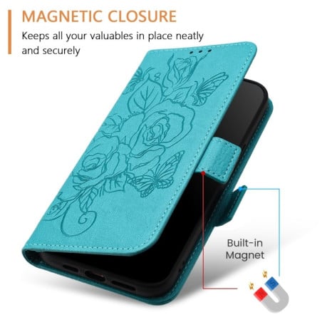 Чехол-книжка Embossed Rose RFID Anti-theft Leather для Realme GT 6T 5G Global - голубой