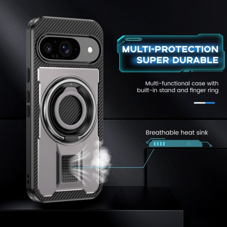 Протиударний чохол Ring Holder Carbon Fiber PC Hybrid TPU для Google Pixel 9/9 Pro - сірий