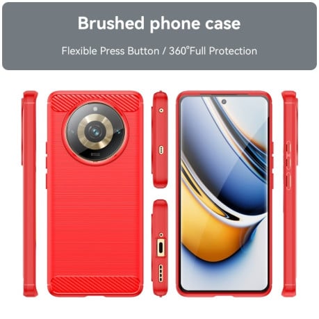 Противоударный чехол Brushed Texture Carbon Fiber на Realme 11 Pro+ - красный