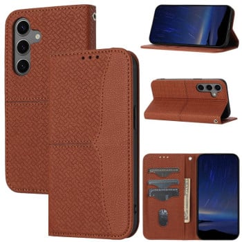 Чохол-книжка з фактурою &quot;плетіння&quot; Woven і декоративним рядком Stitching на Samsung Galaxy S25 FE 5G - коричневий