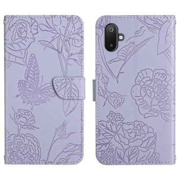 Чохол-книжка з тисненням &quot;метелика&quot; та магнітним хлястиком на Samsung Galaxy M06 5G - фіолетовий