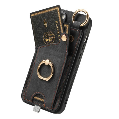 Чехол Retro Skin-feel Ring Card Bag для iPhone 16e - черный