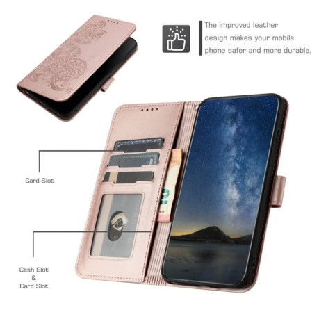 Чехол-книжка Embossed Flower Zipper Leather на Redmi Note 14 Pro+ 5G - розовое золото