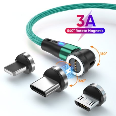Универсальный Магнитный зарядный кабель ENKAY 3 in 1 3A USB to Type-C / 8 Pin / Micro USB Magnetic 540 Degrees Rotating Fast Charging Cable, Length:2m - зеленый
