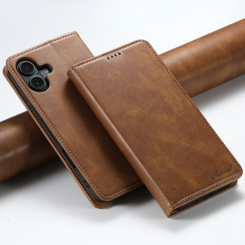 Противоударный чехол Suteni H02 Leather Wallet Stand для iPhone 16 Plus - коричневый