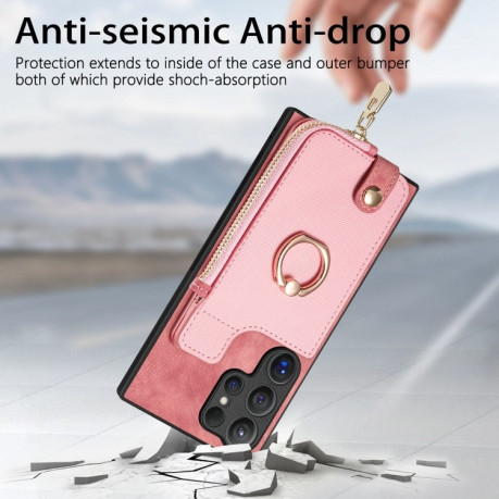 Чехол Cross Leather Ring Vertical Zipper Wallet для Samsung Galaxy S24 Ultra 5G - розовый
