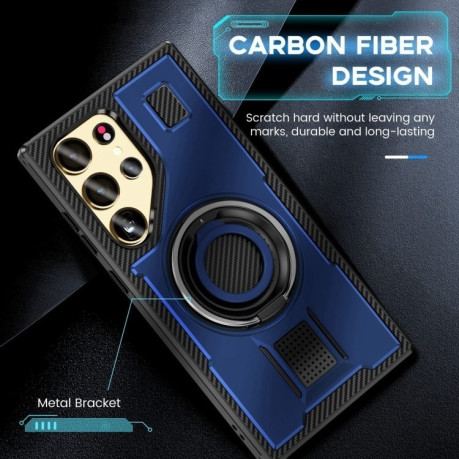 Противоударный чехол Ring Holder Carbon Fiber PC Hybrid TPU для Samsung Galaxy S25 Ultra 5G - синий