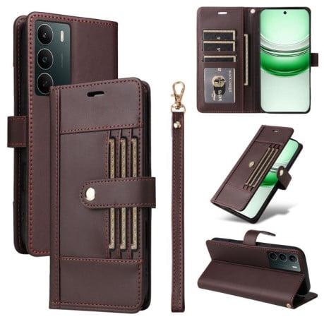 Чехол-книжка Six Card Slots Buckle Leather with Lanyard на Realme C75 - кофейный
