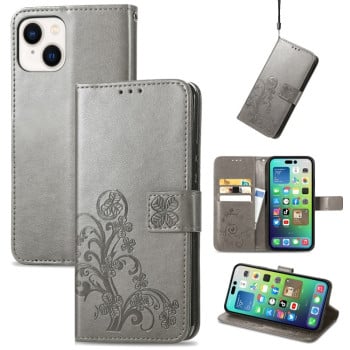 Чохол-книжка Four-leaf Clasp Embossed Buckle на iPhone 15 Plus - сірий
