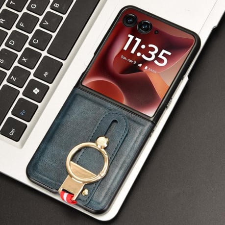Противоударный чехол Wristband Leather Back для Motorola Razr 60 Ultra - синий