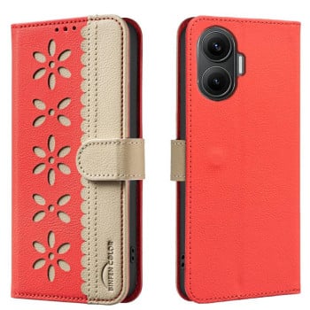 Чехол-книжка Splicing Color Hollow Flower Pattern RFID для Xiaomi Poco F7 5G - червоний
