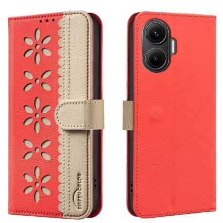 Чехол-книжка Splicing Color Hollow Flower Pattern RFID для Xiaomi Poco F7 5G - красный