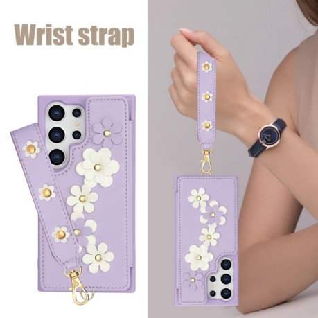 Чохол Crossbody Flower Pattern Leather  для Samsung Galaxy S25 Ultra 5G - фіолетовий