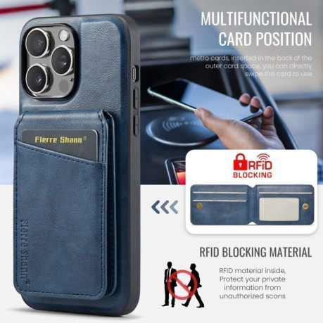Чохол Fierre Shann Oil Wax Cow Leather Magnetic Card Holder на iPhone 16 Pro - синій