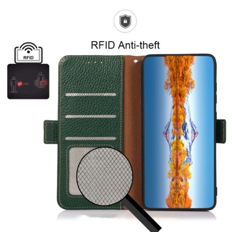 Кожаный чехол-книжка KHAZNEH Genuine Leather RFID для Samsung Galaxy S23 Ultra 5G - зеленый